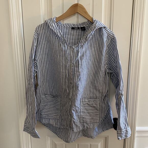 Tahari Tops - Tahari 100% Linen Tunic Blouse Blue Stripe Women’s Size Medium Has Hood